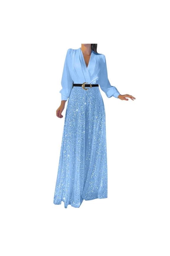 Women's Sequin Splicing Wide Leg Jumpsuit Evening Sparkly Jumpsuits Loose V-Neck Fold Elegant Party Outfit Long Sleeve Rompers High Waisted Wide Leg Pants Suit Sky Blue 4-6