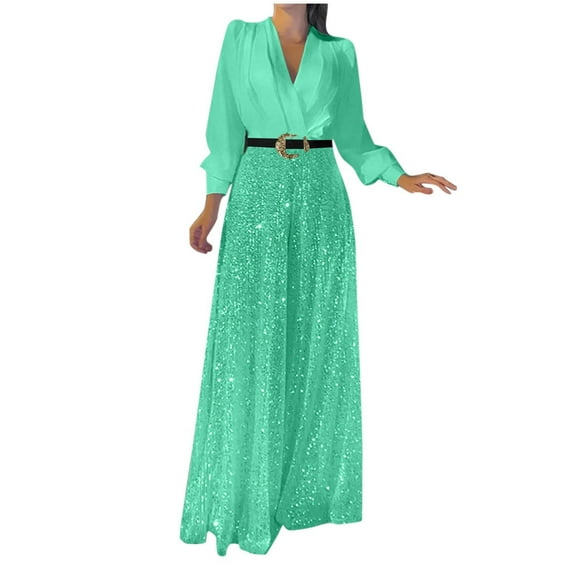 Olyvenn Women's Sequin Splicing Wide Leg Jumpsuit Evening Sparkly Jumpsuits Loose V-Neck Fold Elegant Party Outfit Long Sleeve Rompers High Waisted Wide Leg Pants Suit Mint Green 12-14