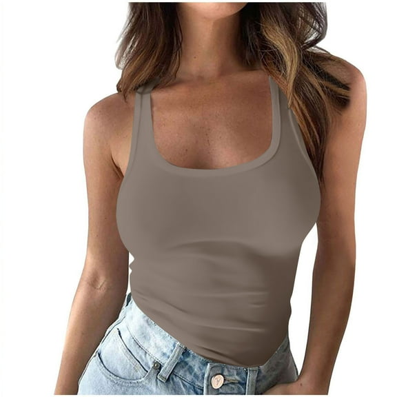 Olyvenn Women's Sexy U Neck Ribbed Tank Tops Workout Sleeveless Shirts Summer Casual Slim Fitted Cami Shirt Tees Brown S