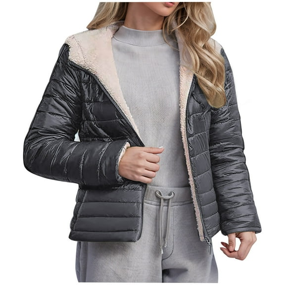Olyvenn Women's Sherpa Fleece Lined Hooded Puffer Jackets Long Sleeve Casual Warm Winter Coat Outerwear with Pockets Black M