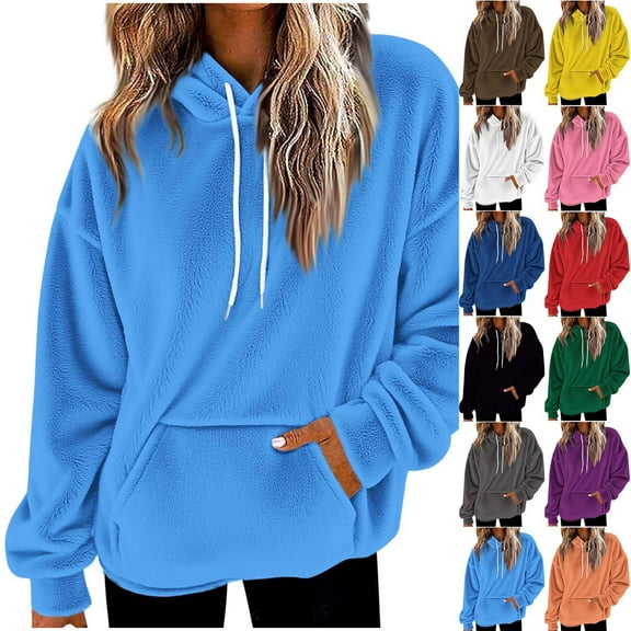 Olyvenn Women's Sherpa Pullover Sweatshirt Faux Fleece Long Sleeve Drawstring Hoodie Double Fuzzy Fall Hoodies with Pockets Blue XL
