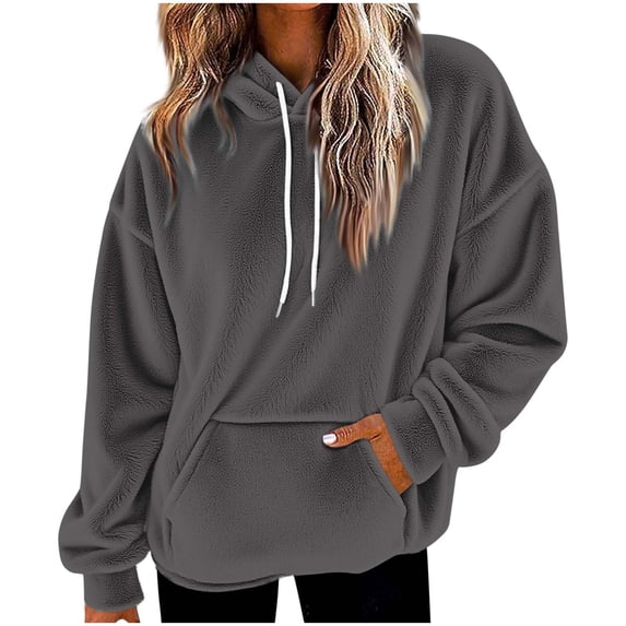 Olyvenn Women's Sherpa Pullover Sweatshirt Faux Fleece Long Sleeve Drawstring Hoodie Double Fuzzy Fall Hoodies with Pockets Gray S