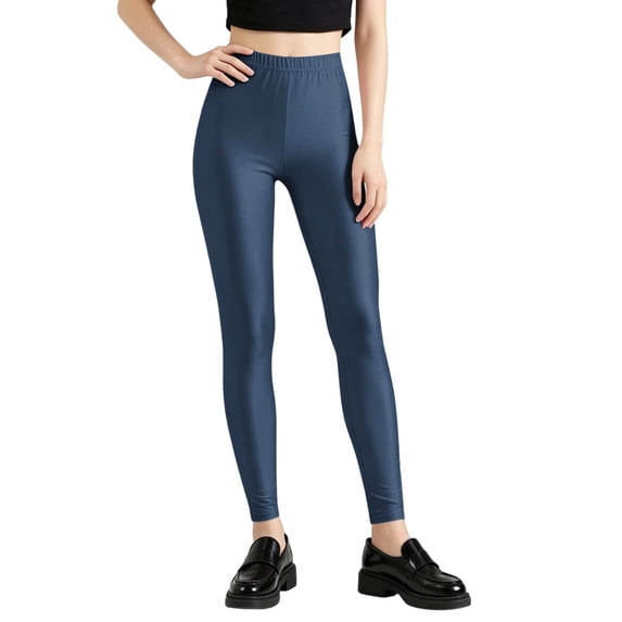 Olyvenn Women's Shiny Milk Silk Base Layer Leggings, High Elastic Tummy Control Slim Fit Stretch Pants for Daily Underwear Navy Free Size