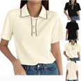 thumbnail image 1 of Olyvenn Women's Shirt Collar Contrast Trim Half Button Tee Top Lapel Neck Short Sleeve T Shirt Blouse for Women Beige L, 1 of 7