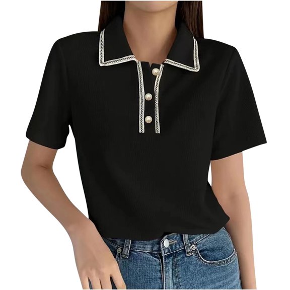 Olyvenn Women's Shirt Collar Contrast Trim Half Button Tee Top Lapel Neck Short Sleeve T Shirt Blouse for Women Black M