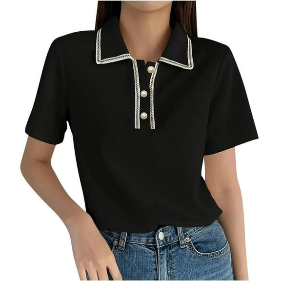 Olyvenn Women's Shirt Collar Contrast Trim Half Button Tee Top Lapel Neck Short Sleeve T Shirt Blouse for Women Black XL