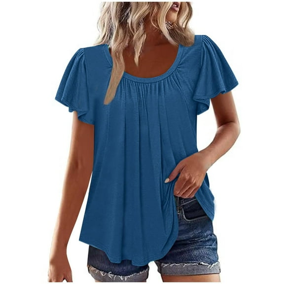 Olyvenn Women’s Shirts Dressy Casual Ruffled Short Sleeve Blouses Loose Fit Pleated Front Tees Summer Tunic Tops Blue L