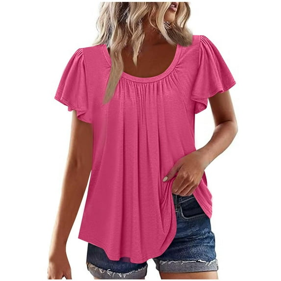 Olyvenn Women’s Shirts Dressy Casual Ruffled Short Sleeve Blouses Loose Fit Pleated Front Tees Summer Tunic Tops Pink L