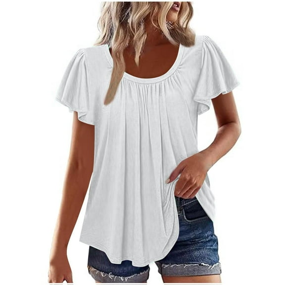 Olyvenn Women’s Shirts Dressy Casual Ruffled Short Sleeve Blouses Loose Fit Pleated Front Tees Summer Tunic Tops White L