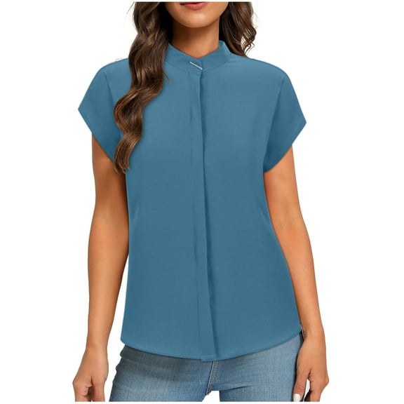 Olyvenn Women's Short Cape Sleeve Mock Neck Dressy Blouse Shirts Business Elegant Trendy Plain Solid Soft Cmofy Work Tops Blue 4