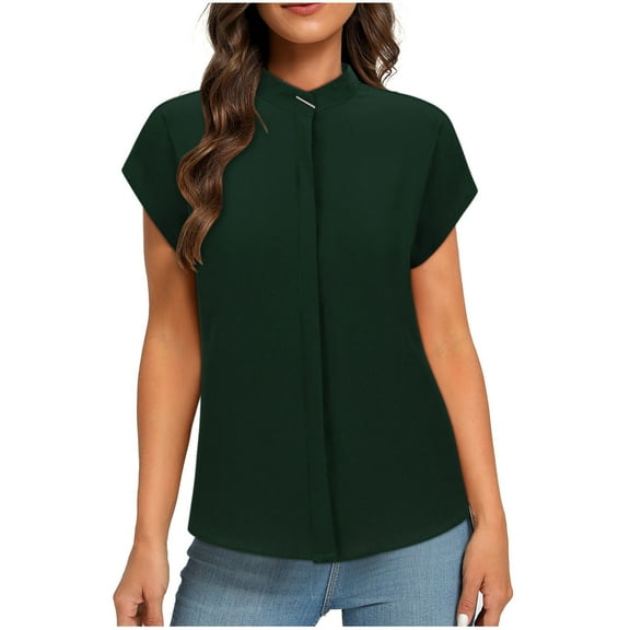 Olyvenn Women's Short Cape Sleeve Mock Neck Dressy Blouse Shirts Business Elegant Trendy Plain Solid Soft Cmofy Work Tops Green 12