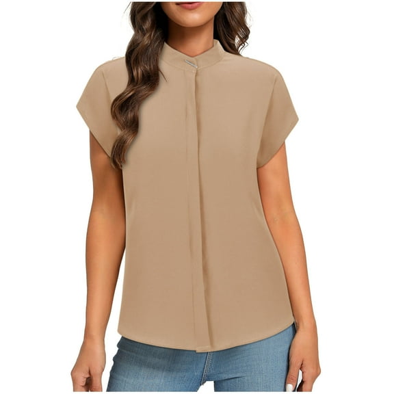 Olyvenn Women's Short Cape Sleeve Mock Neck Dressy Blouse Shirts Business Elegant Trendy Plain Solid Soft Cmofy Work Tops Khaki 4