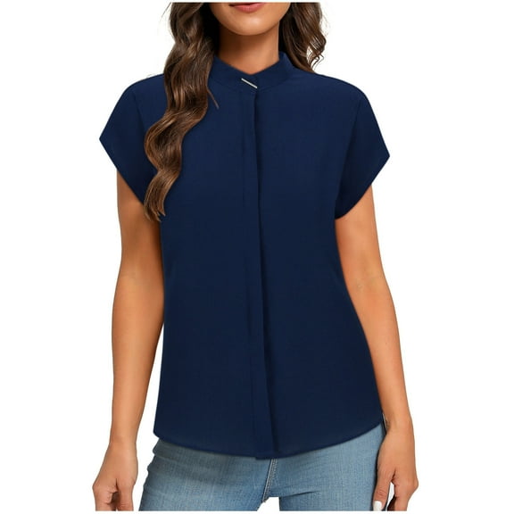 Olyvenn Women's Short Cape Sleeve Mock Neck Dressy Blouse Shirts Business Elegant Trendy Plain Solid Soft Cmofy Work Tops Navy 4