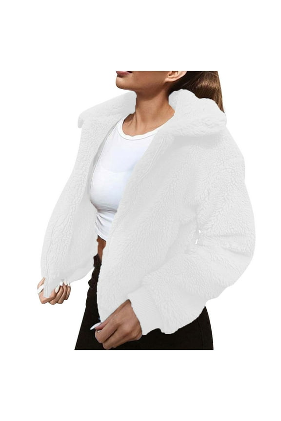 Women's Short Faux Fur Coat Casual Shaggy Jacket with Pockets Collared Warm Winter Zip-Up Fluffy Outwear White S