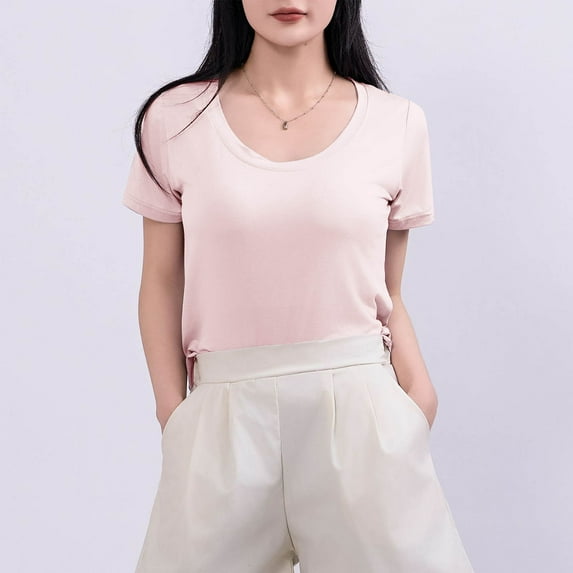 Olyvenn Women's Short Sleeve Cotton Scoop Neck Tee Summer Casual Solid T-Shirt Comfyable Breathable Modal Tops Pink L