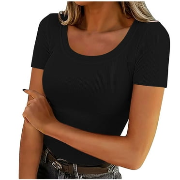Olyvenn Women's Short Sleeve Scoop Neck Ribbed Knit T-Shirts Fitted Casual Tops Tee Summer Slim Basic Shirts Black 12