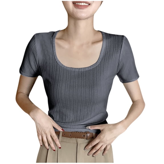 Olyvenn Women's Short Sleeve Scoop Neck T-Shirt Slim Fit Ribbed Knit Casual Tops 2025 Summer Basic Fitted Blouse Dark Gray XL