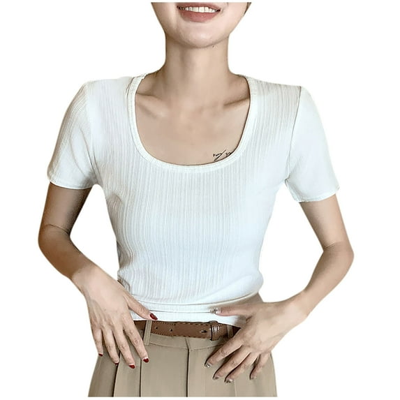 Olyvenn Women's Short Sleeve Scoop Neck T-Shirt Slim Fit Ribbed Knit Casual Tops 2025 Summer Basic Fitted Blouse White L