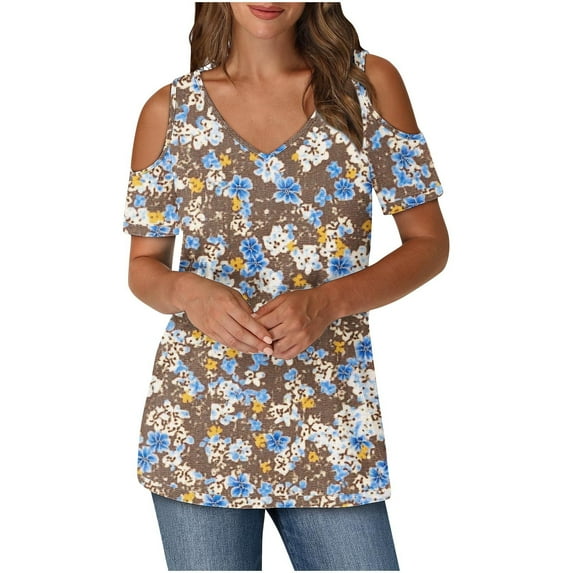 Olyvenn Women's Short Sleeve Shirts Floral Print Cold Shoulder Tops Basic Tees V Neck Blouse Fashion Summer Tshirts Khaki S