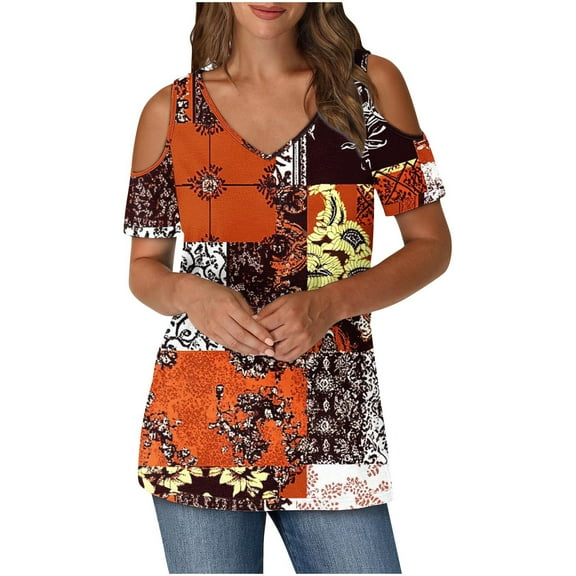 Olyvenn Women's Short Sleeve Shirts Floral Print Cold Shoulder Tops Basic Tees V Neck Blouse Fashion Summer Tshirts Orange XXL