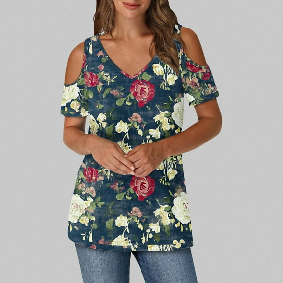 Olyvenn Women's Short Sleeve T-Shirts Summer Tops Cold Shoulder Blouse Crew Neck Loose Fit Basic Tee Casual Tops Shirts Navy XXL