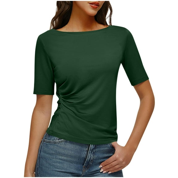 Olyvenn Women's Short Sleeve Tops Half Length Sleeve Cotton Crewneck T Shirts Slim Fit Ruched Casual Elbow Summer Basic Tees Army Green S