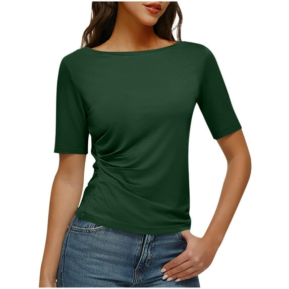 Olyvenn Women's Short Sleeve Tops Half Length Sleeve Cotton Crewneck T Shirts Slim Fit Ruched Casual Elbow Summer Basic Tees Army Green XL