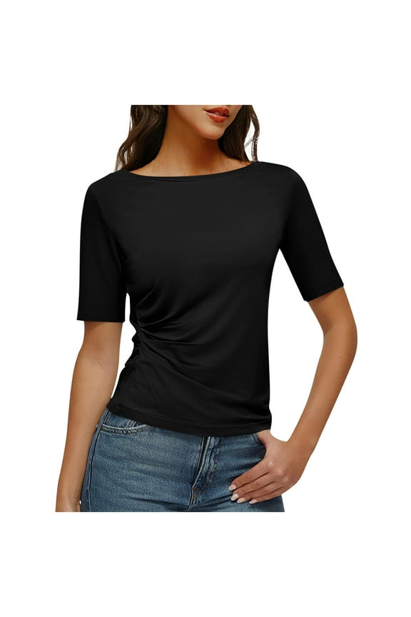 Women's Short Sleeve Tops Half Length Sleeve Cotton Crewneck T Shirts Slim Fit Ruched Casual Elbow Summer Basic Tees Black XL