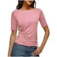 thumbnail image 1 of Olyvenn Women's Short Sleeve Tops Half Length Sleeve Cotton Crewneck T Shirts Slim Fit Ruched Casual Elbow Summer Basic Tees Pink L, 1 of 8