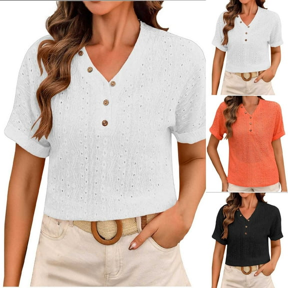Olyvenn Women's Short Sleeve V Neck Shirts Loose Solid Color Casual Knit Beach Blouses Summer Eyelet Hollow Out Basic Pullover Orange L