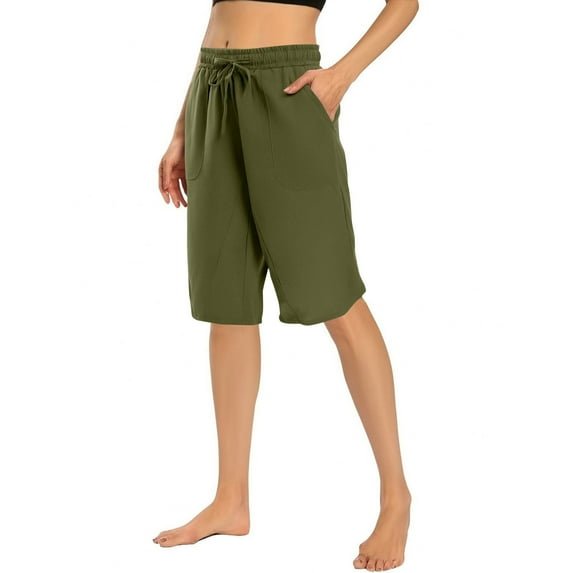 Olyvenn Women's Shorts Drawstring Linen Shorts Summer Casual Wide Leg High Waisted Mid Length Bermuda Short with Pocket Green XL