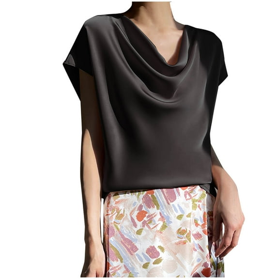 Olyvenn Women's Silk Satin Cowl Neck Short Sleeve Top, Elegant Dressy Casual Summer Blouse Shirt Solid T-Shirt Black XXXL