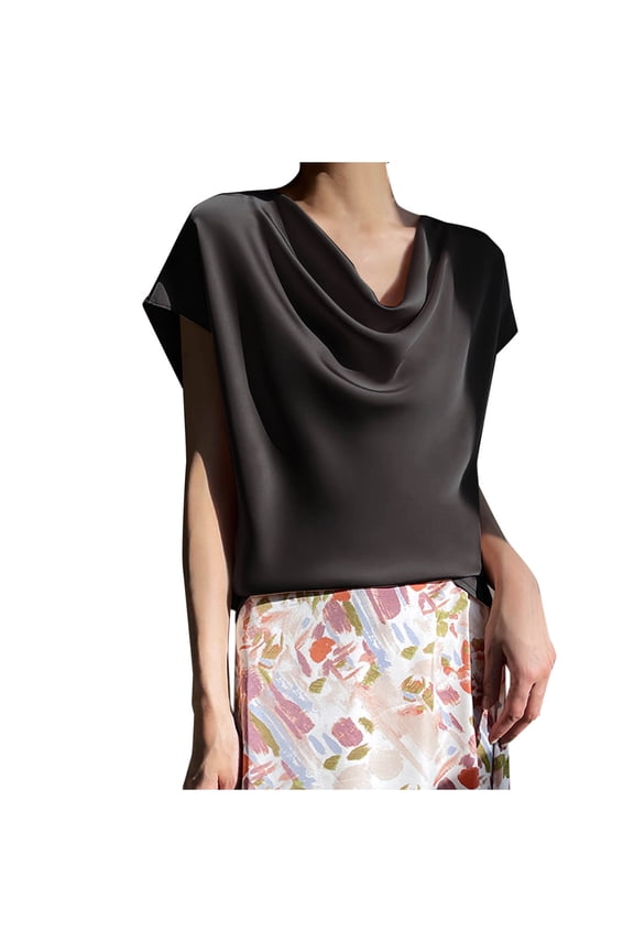 Women's Silk Satin Cowl Neck Short Sleeve Top, Elegant Dressy Casual Summer Blouse Shirt Solid T-Shirt Black XXXL