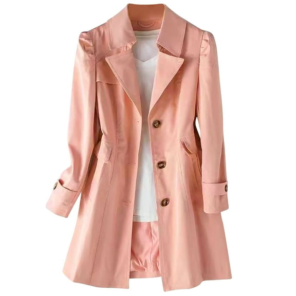 Olyvenn Women's Single Breasted Mid-Length Trench Coat Puff Sleeve Lapel Overcoat Windproof Classic Outerwear Pink XXXL