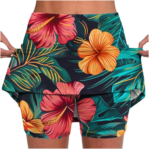 Olyvenn Women's Skorts Tennis Golf Shorts Skirts Athletic Sports Running Workout Skorts with Pockets Tropical Flower Printed Shorts Green 14