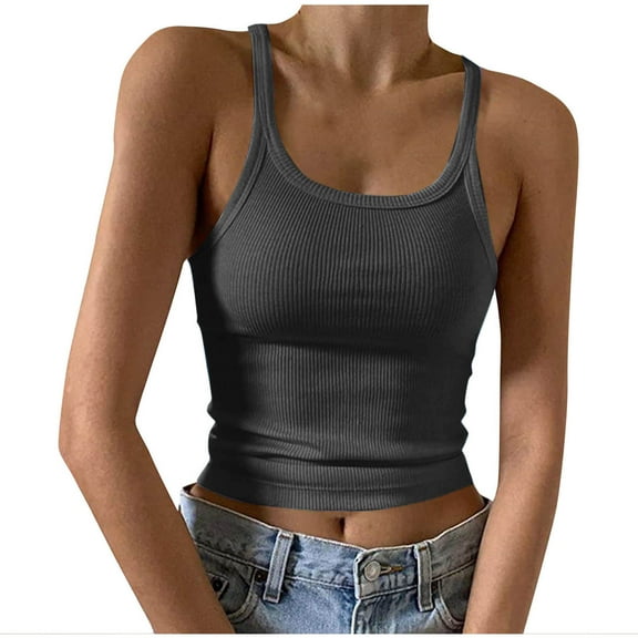 Olyvenn Women's Sleeveless Crop Tank Top Summer Fashion Slim Fit Scoop Neck Ribbed Knit Basic Crop Cami Shirts Tops Dark Gray S