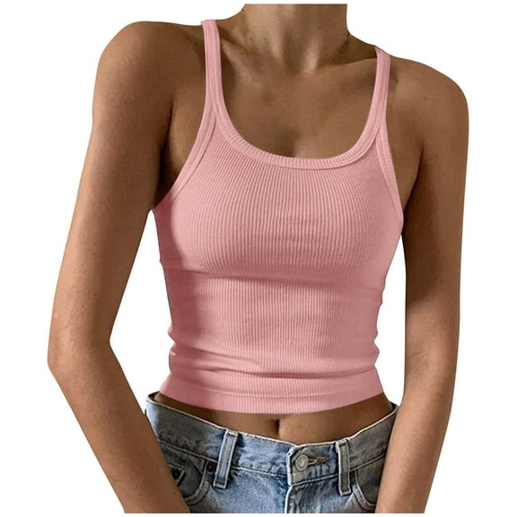 Olyvenn Women's Sleeveless Crop Tank Top Summer Fashion Slim Fit Scoop Neck Ribbed Knit Basic Crop Cami Shirts Tops Pink L