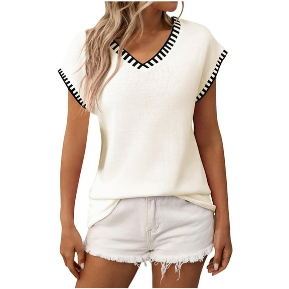 Olyvenn Women's Sleeveless Sweater Vest Casual V Neck Cap Sleeve Knit Pullover Tank Tops 2025 Spring Clothes White L