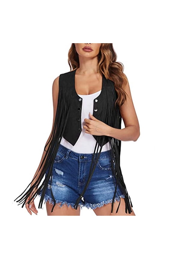 Women's Sleeveless Tassel Vest Retro Button Down Vests Outwear Gilet Denim Shorts Waistcoat Ladies Summer Tank Tops Black 6