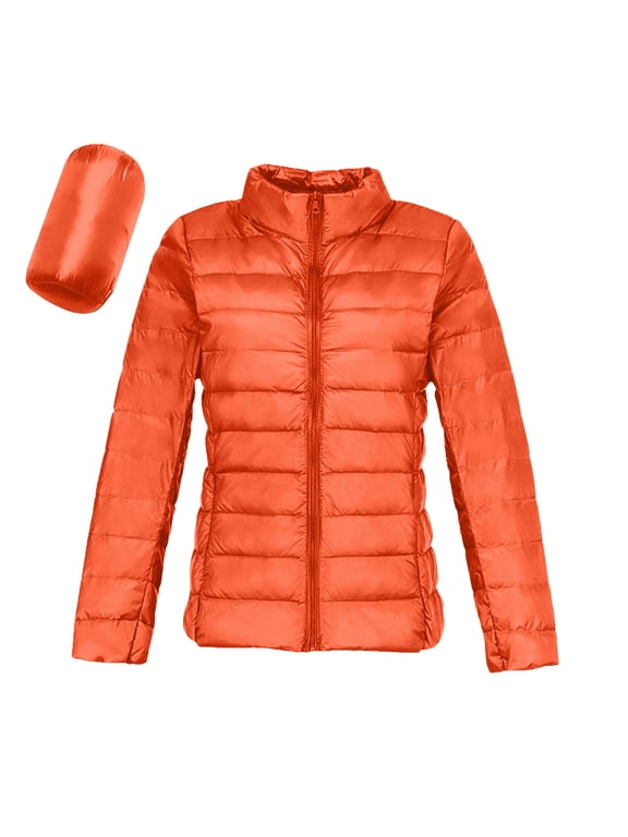 Women's Slim-Fit Quilted Puffer Jacket Lightweight Stand Collar Padded Warm Winter Casual Down Coat Zip Jackets Orange S