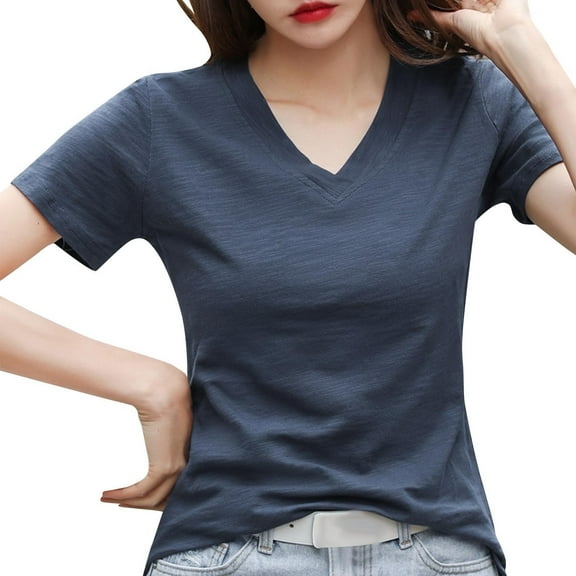 Olyvenn Women's Soft Cotton Basic V-Neck T-Shirt Summer Comfy Trendy Sleep Pajama Lounge Tops Athletic Casual Base Layer Tops Gray M