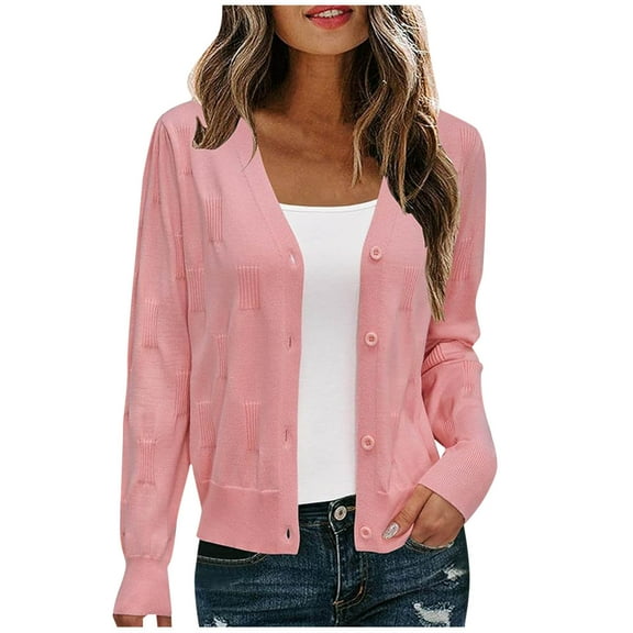 Olyvenn Women's Soft Cropped Cardigan Casual Lightweight Shrug Sweater Tops Button Down Open Front Bolero Shrugs Pink XL