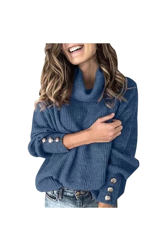 Women's Soft Ribbed Turtleneck Pullover Sweater, Button Accent Long Sleeve Relaxed Fit Winter Top Blue XXXXXL