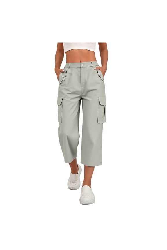 Women's Solid Color Cargo Capri Pants, Elastic Waist, Button & Zipper Pockets, Side Slit Casual Pants Gray L