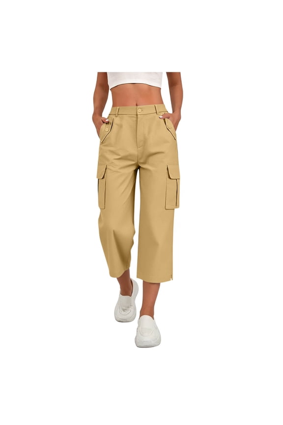 Women's Solid Color Cargo Capri Pants, Elastic Waist, Button & Zipper Pockets, Side Slit Casual Pants Khaki XL