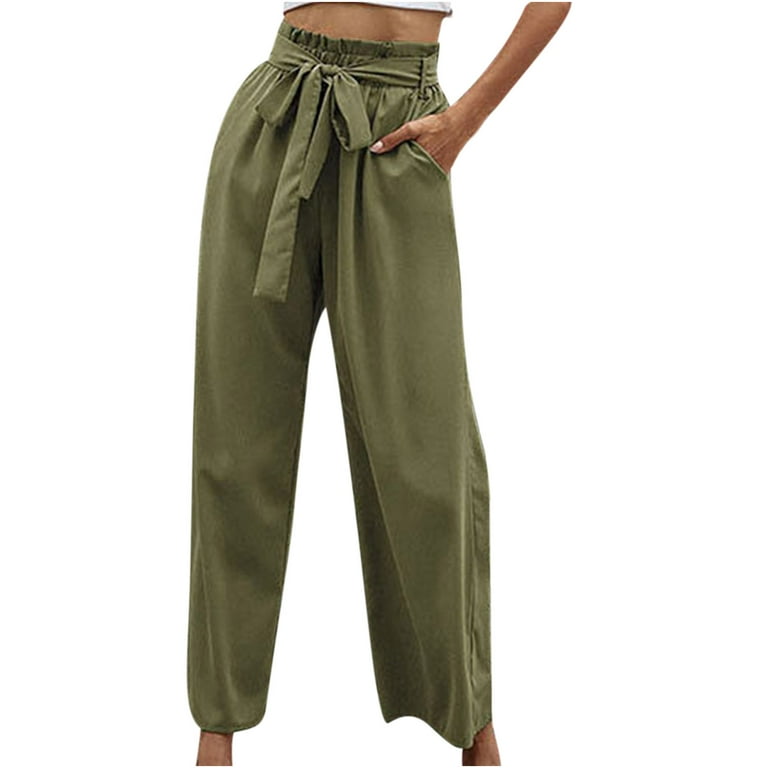 Olyvenn Women's Solid Color High-Waist Full Length Long Pants Loose Women's  Wide Leg Pants Gifts for Women Trousers 2023 Female Fashion Army Green 6