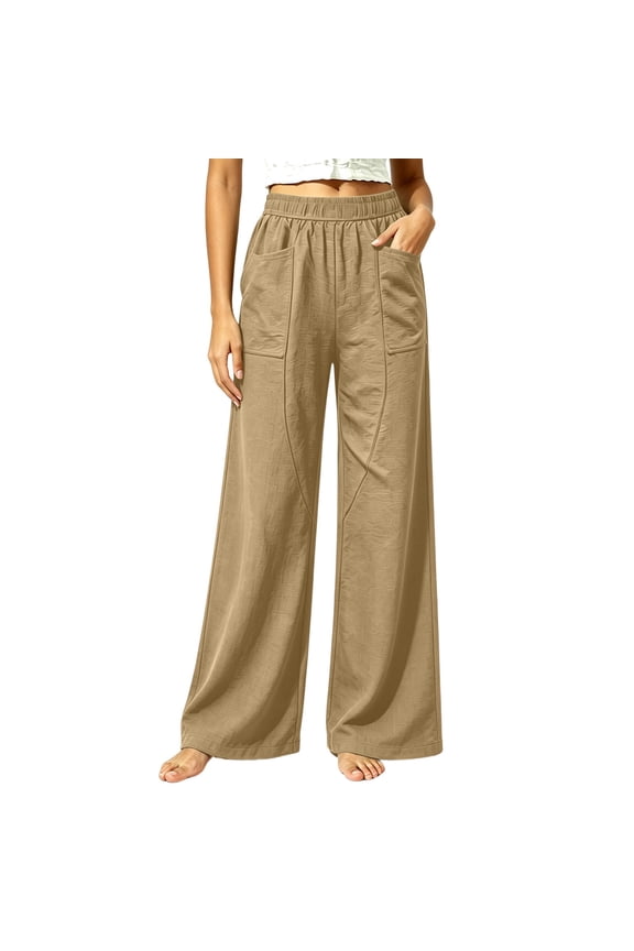 Women's Solid Color Loose Casual Pants, Elastic Waist, Long Trousers with Pockets Khaki XL