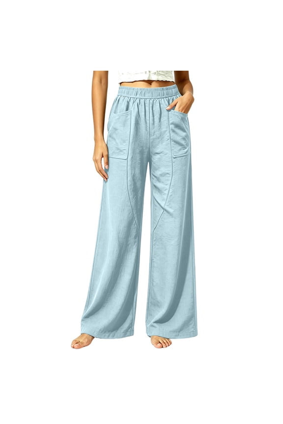 Women's Solid Color Loose Casual Pants, Elastic Waist, Long Trousers with Pockets Light Blue S