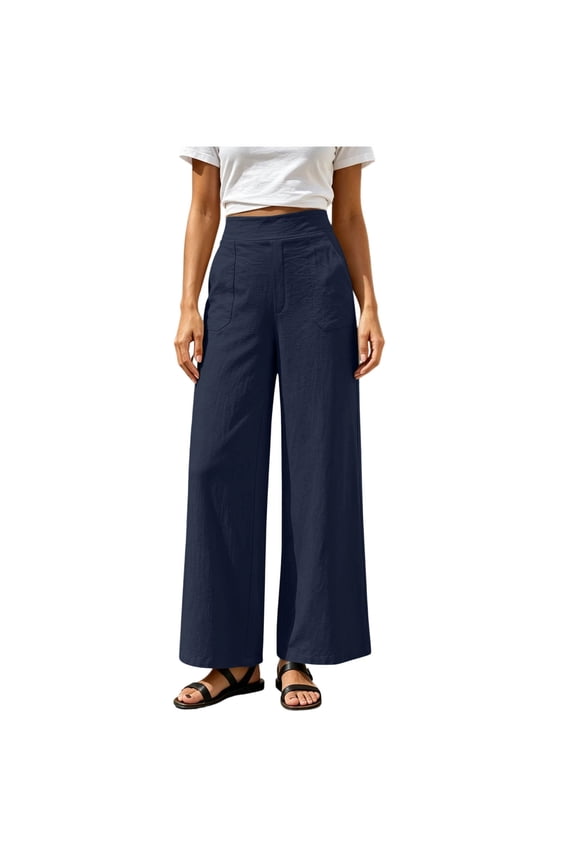Women's Solid Color Loose Wide Leg Pants, Casual Long Trousers with Side Pockets Navy M