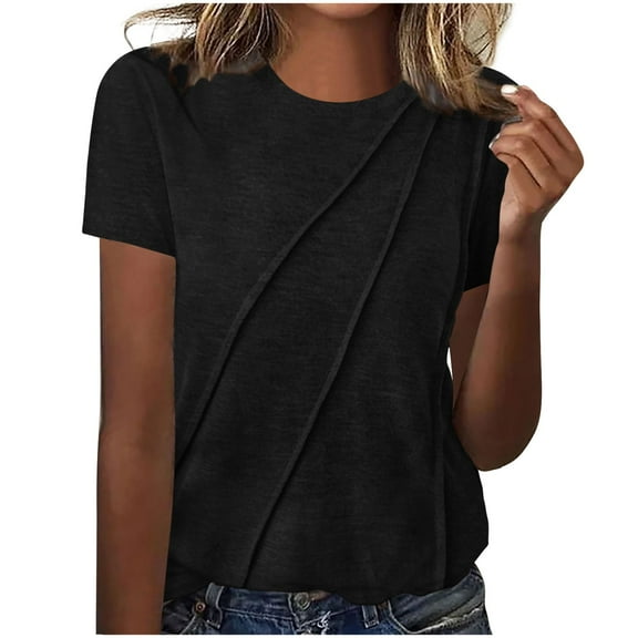 Olyvenn Women's Solid Color Pleated Tunic Tops, Summer Casual Lightweight Short Sleeve Tees Shirt Comfy Breathable Clothes Black 4-6